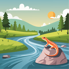 A lizard perched on a rock by a river in a beautiful nature scene. The lizard has orange skin and the river flows through a lush, green landscape, with mountains, trees and bright sun. 
