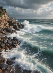 Rocky shoreline with ocean waves crashing against the shore on a cloudy day,  nature ,  coastal,  wave
