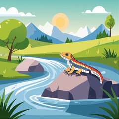 A newt in a lush, natural environment with mountains and a stream. The colorful newt perches on a rock