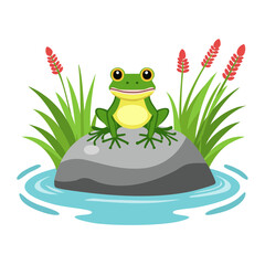 A charming illustration of a happy frog perched on a rock by the water, surrounded by vibrant greenery. The frog's eyes sparkle with joy