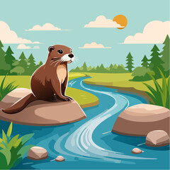 A charming otter in its natural habitat, sitting peacefully by a flowing river, enjoying a sunny day. The illustration captures the essence of wildlife and the tranquility of nature. 