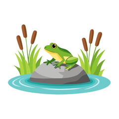 A vibrant green frog sitting on a stone in water, a charming scene of tranquility and natural beauty.