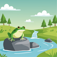 A vibrant illustration of a frog in a natural waterscape, capturing the essence of the outdoors 
