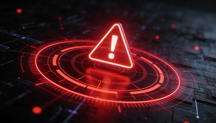 Futuristic user interface with red alert on suspicious transaction, holographic grid background, AI fintech protection 