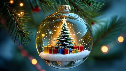 Christmas bauble ornament with festive Christmas tree and presents inside 