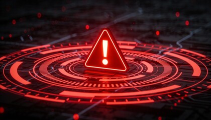 Futuristic user interface with red alert on suspicious transaction, holographic grid background, AI fintech protection