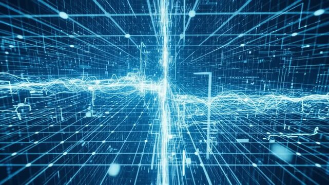 A futuristic digital illustration of a blue grid with glowing lines and nodes, set against a dark background. Perfect for technology, innovation, and futuristic concepts.
