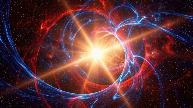 Vibrant Cosmic Explosion with Swirling Red and Blue Tendrils around a Bright Central Star in Deep Space