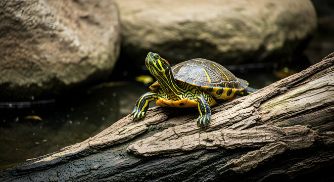 Red Eared Slider Turtle Perched on Log near Water Body