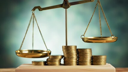 Golden scales and coin stacks symbolize financial balance against soft green backdrop, highlighting equilibrium and fiscal prudence.