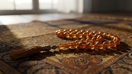 Amber prayer beads resting on a richly patterned rug with warm sunlight casting shadows