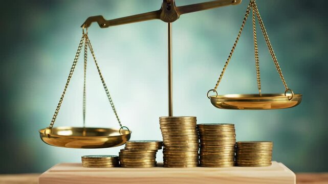 Golden scales and coin stacks symbolize financial balance against soft green backdrop, highlighting equilibrium and fiscal prudence.