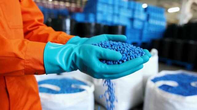 Worker holds blue polymer pellets while inspecting raw material in an industrial warehouse. They wear protective gloves and high-visibility uniform. Large bulk bags and stacked containers appear in th