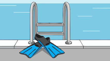Blue swim fins beside ladder at swimming pool edge  