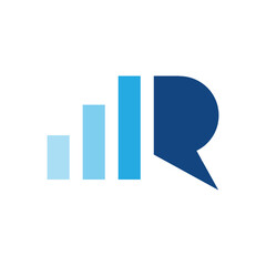 this is a logo design of an initial letter R in blue tones combination with a graph bar on it in white background  