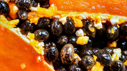 Close up papaya seeds surface showing natural fruit texture and organic food detail