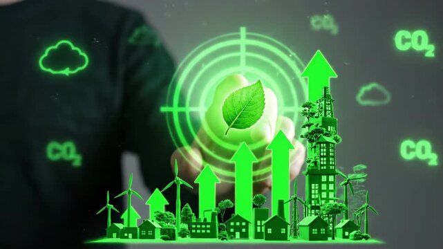 A hand interacts with a green target interface, symbolizing sustainable urban development with green energy, CO2 reduction and eco-friendly technology.