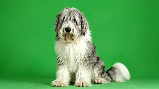 Cute old english sheepdog sitting on green background