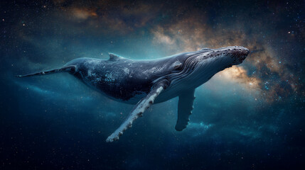 Fototapeta premium Majestic humpback whale swims through a cosmic ocean under a starry nebula sky. This powerful mammal navigates the vast universe with graceful underwater motion. A true wonder of the deep and sky 