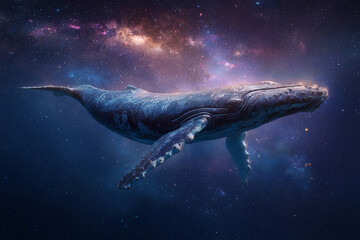 Majestic humpback whale swims through a cosmic ocean under a starry nebula sky. This powerful mammal navigates the vast universe with graceful underwater motion. A true wonder of the deep and sky 