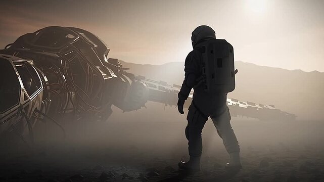 A lone astronaut stands amidst the desolate, dusty landscape of an alien planet, contemplating the wreckage of a futuristic spacecraft under the glow of a distant sun