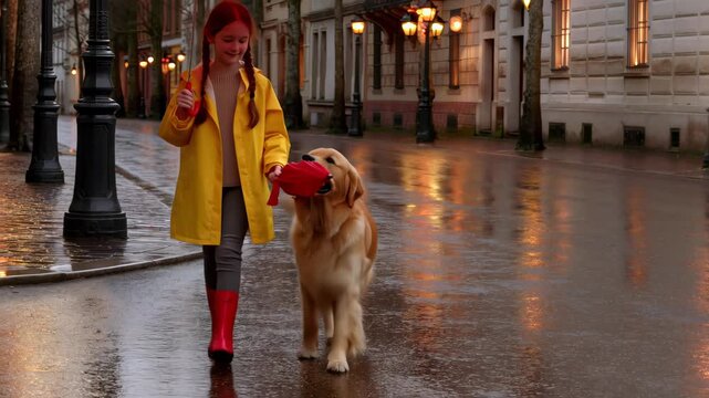 Young girl in yellow raincoat and red boots walks on rain-soaked street with golden retriever holding red umbrella, under glowing lamplights and warm reflections. Concept of nostalgic urban charm