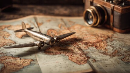 an antique style compass and map on a wooden surface, surrounded by old travel paraphernalia like a vintage camera and a suitcase. the objects suggest a theme of exploration and vintage adventure