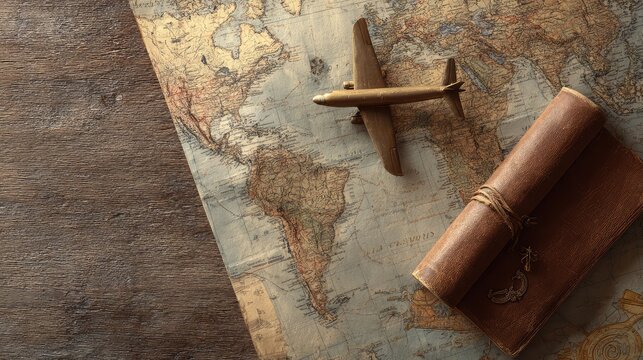 a vintage style tableau set against a distressed map background, evoking a sense of travel or adventure from a bygone era