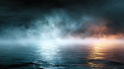 Fototapeta premium the image is a panoramic view of a serene nighttime coastal scene. the foreground features calm waters under a vast expanse of dark sky