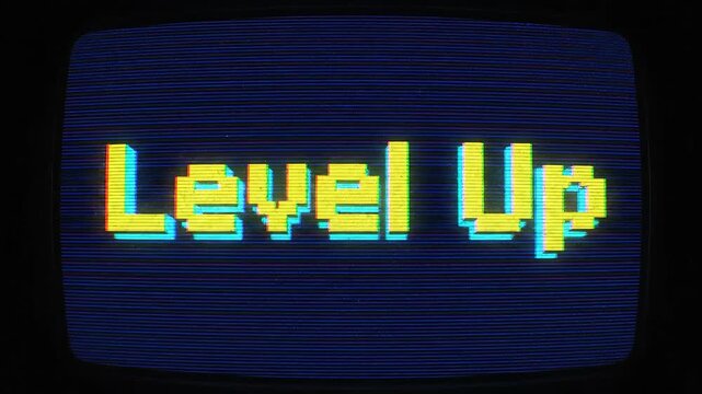 Vibrant Pixelated Level Up Text Animation with Retro Glitch Effect on a Dark Blue Screen Evoking Classic Arcade Gaming Aesthetics and Achievement. - Powered by Adobe
