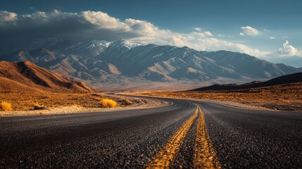 an expansive desert road stretching into the distance. the horizon is marked by rugged mountain peaks, while the road itself appears to be made of dirt or gravel, suggesting a remote location