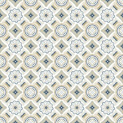 A seamless pattern featuring intricate, embroidered-style motifs on a white background. The design includes repeating star-like floral elements and diamond shapes.