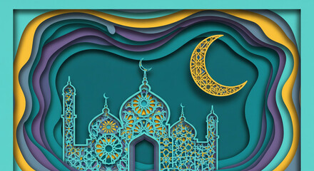 Islamic Papercut Mosque Illustration with Crescent Moon in Elegant Layered Paper Style
