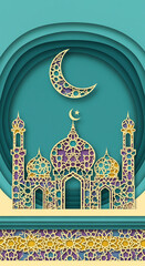 3D Layered Paper Cut Islamic Mosque and Crescent Moon with Gold Geometric Patterns