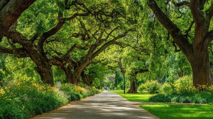 Fototapeta premium a serene park scene with a paved pathway through it. lush trees line both sides of the walkway, providing shade and a natural canopy overhead