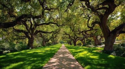 Obraz premium a serene park scene dominated by an ancient, gnarled tree with sprawling branches. the tree stands as the focal point, its textured bark and intricate branches suggesting age and resilience