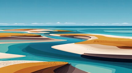 a tranquil coastal landscape with distinctive sand dune formations along a curved coastline