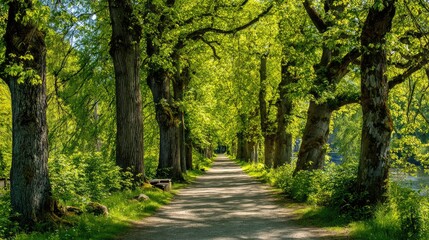 Fototapeta premium a serene outdoor setting where a tree lined pathway meanders through a lush, verdant landscape, providing a tranquil environment for walking or contemplation