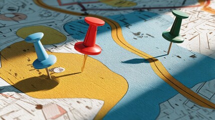 a vintage style map with pins marking various locations. on the map, there are three push pins in different colors: one is blue, one is red, and the third is green