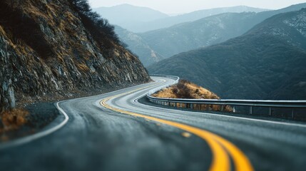 a deserted highway curves through hilly terrain under an overcast sky