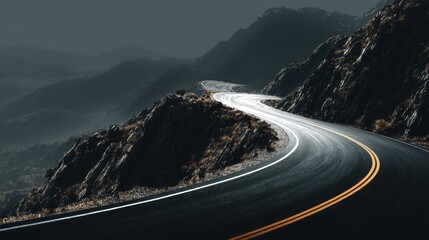 an expansive nighttime view of a winding highway that stretches through rugged terrain, with mountains looming in the background under a star filled sky