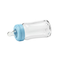 Pristine, empty transparent baby bottle with light blue cap and frosted silicone nipple, lying horizontally on a transparent background, concept of new parenthood