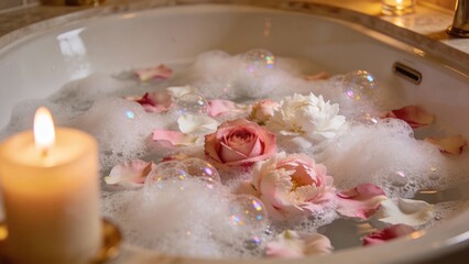 Relaxing bath with bubbles and flower petals in hotel tub, with candle like lighting for a romantic atmosphere, perfect for a spa experience
