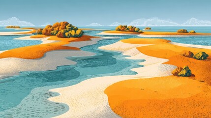 the image is a stylized, artistic illustration featuring an island landscape with sandy shores, rocky outcrops, and a large body of water with calm waves