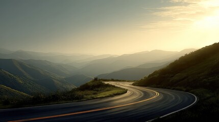 a picturesque scene of a winding road nestled amidst rolling hills under a clear blue sky