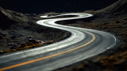 a nighttime road trip scene. a winding road curls through a remote landscape under a starry sky