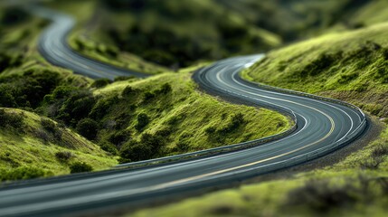 a winding highway that curves through rolling green hills. the road is clear with no visible vehicles, suggesting a quiet and scenic route