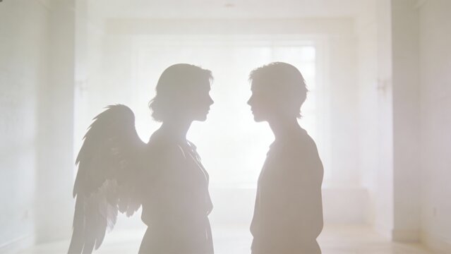 Soft silhouettes of two figures in bright room, one figure suggests angelic presence with implied wings, creating a moment of encounter