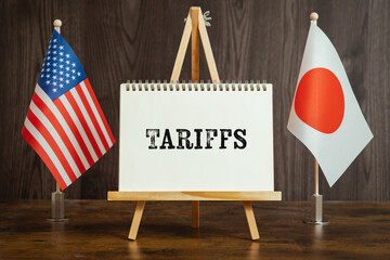 There is a sketchbook between the Tariffs flags, and the letters Tariffs are written on it.