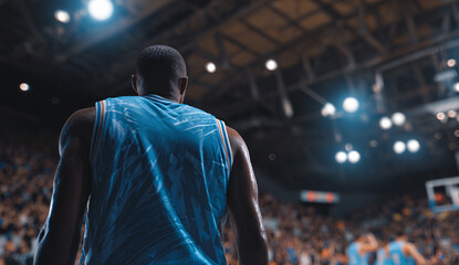 Back View of Professional Basketball Player in Crowded Arena